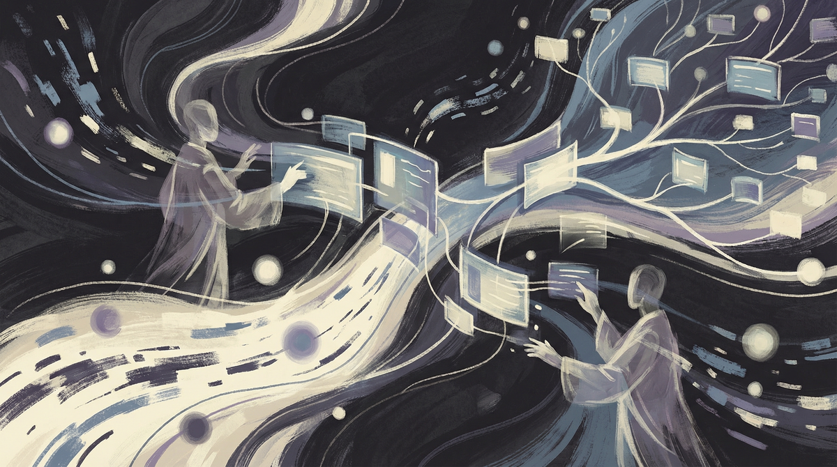 Painterly editorial illustration of software and humans moving in collaborative flow.