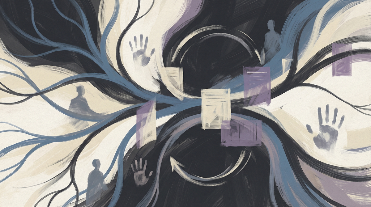 Painterly editorial illustration of work and workflows being reorganized.