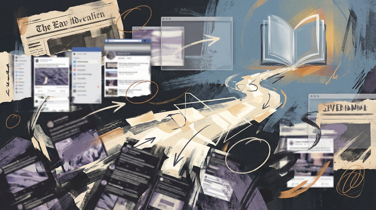 Painterly collage-style editorial image about signal and noise in an AI-saturated internet.