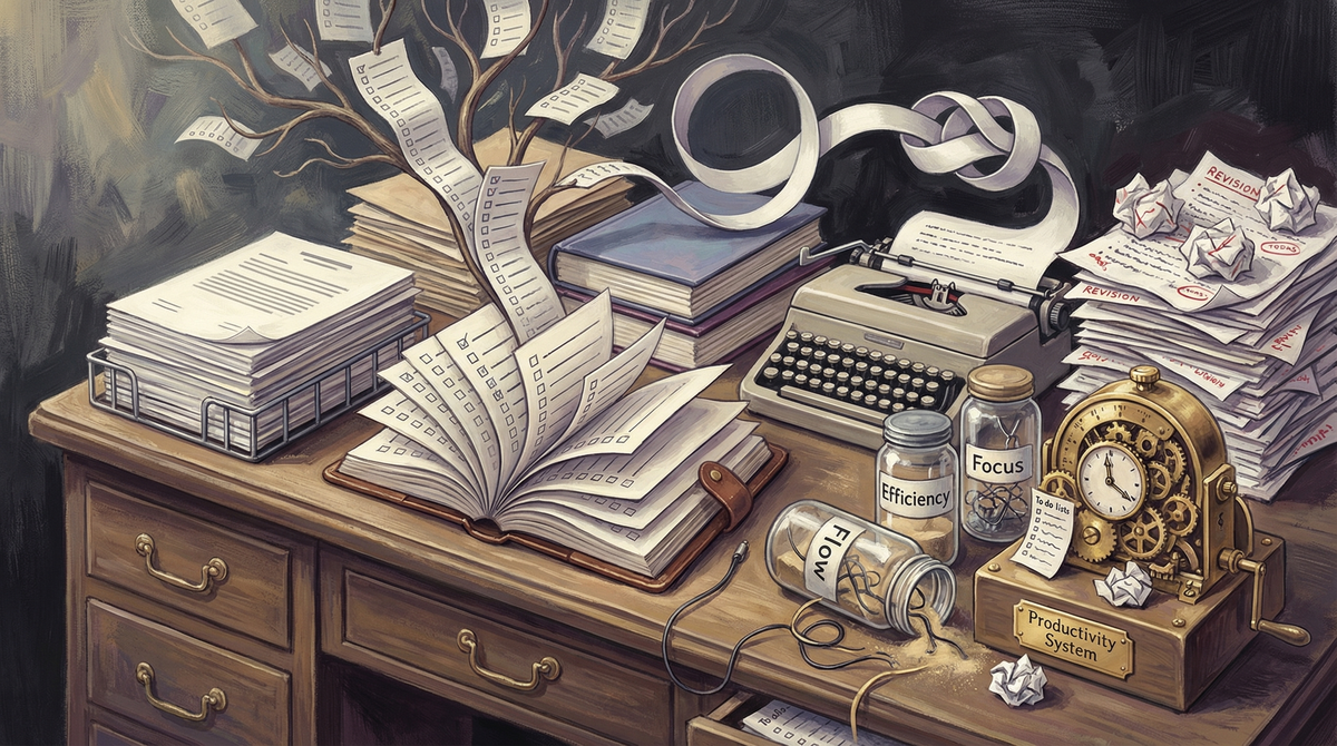 Painterly editorial illustration of a too-neat productivity system subtly breaking under real work friction.